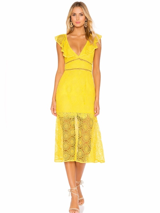 SAYLOR Dresses & Skirts - Saylor Leilani Yellow Lace Midi Dress Ruffle V Neck Cutout EUC S